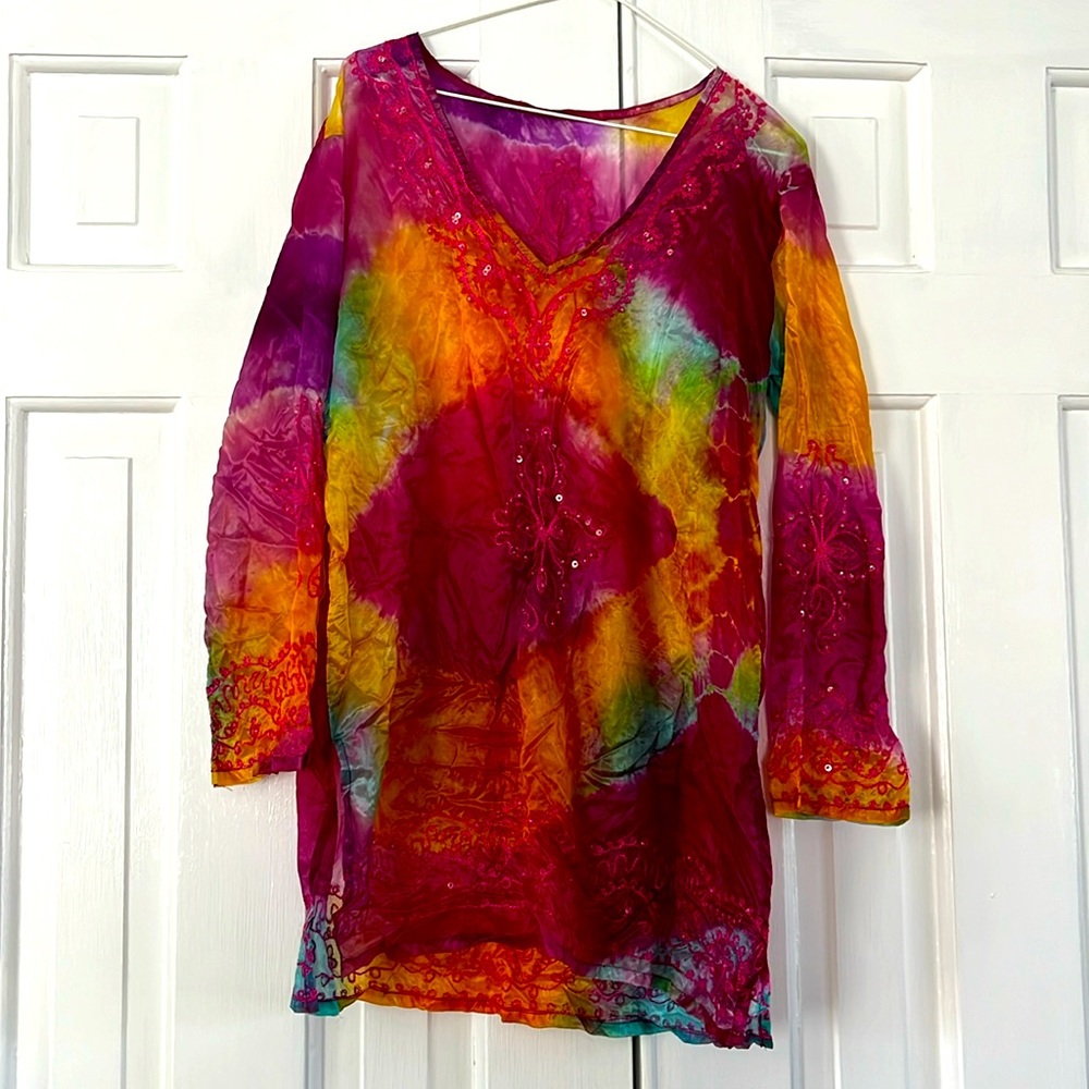 Rainbow beach coverup with embroidery and sequins